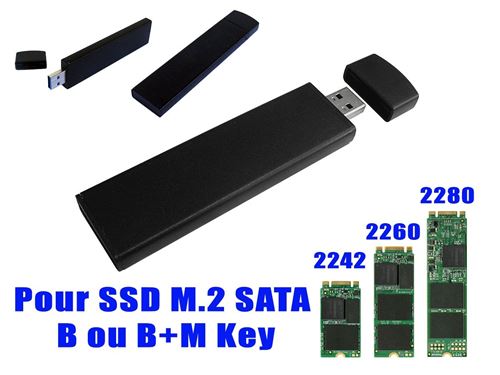 Adaptateur M2 2242 2260 2280 vers USB 3.0 Format clé USB - Boitage métal noir