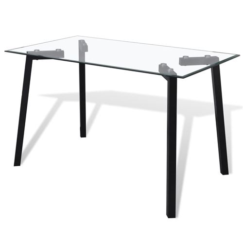 Table avec plateau en verre transparent et pieds en acier
