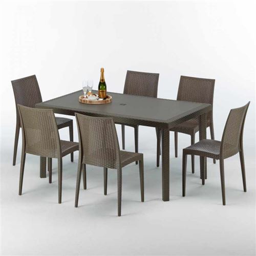 Table rectangulaire 6 chaises Poly rotin resine 150x90 marron Focus, Chaises Modèle: Bistrot Marron Moka