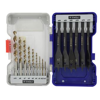 Coffret Ranger 15 Pièces Bois TIVOLY Forets Bois Ø2-2,5-3-4-5-6-7-8-10 mm + Mèches Plates Ø14-16-18-20-22-24mm - 1