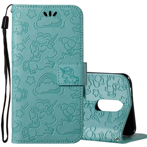 LG K4 (2017) Housse Etui Cuir PU Gravé Licorne Mignonne Vert ALS54219