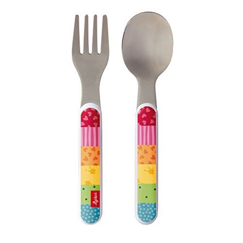 Sigikid, 24870 enfant mixte couverts de table fourchette + cuillère, inox et plastique abs, rainbow rabbit multicolore, 14 cm