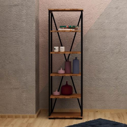 HOMEMANIA Bibliothèque Primon - avec étagère - pour mur, bureau, studio, salon - Noyer, Noir en Bois, Métal, 51 x 30 x 162 cm