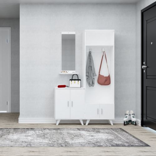 HOMEMANIA Meuble d’Entrée Yakut - Meuble Porte-Manteau, Étagère à Chaussures - avec Miroir, Portes, Étagères, Crochets - Blanc en Bois, 60 x 35 x 194 cm