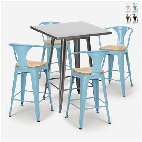Ensemble Table 60x60cm 4 Tabourets Tolix Bar Cuisine Industriel Bucket Top Light, Couleur: Turquoise