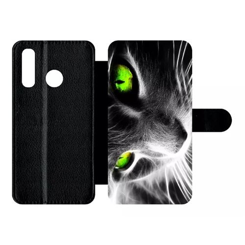 Etui My-Kase pour P30 lite - chat noir et blanc yeux vert - Simili-cuir Noir