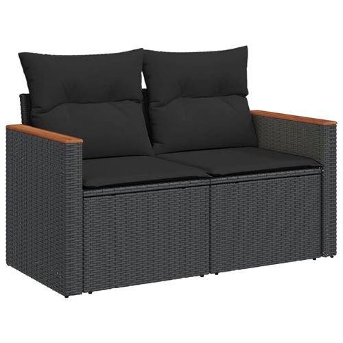 Canapé de jardin vidaXL avec coussins 2 places en noir résine tressée