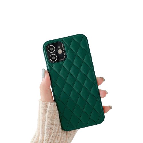 Coque en cuir souple à carreaux losanges de luxe FONGWAN pour iPhone 13-Vert