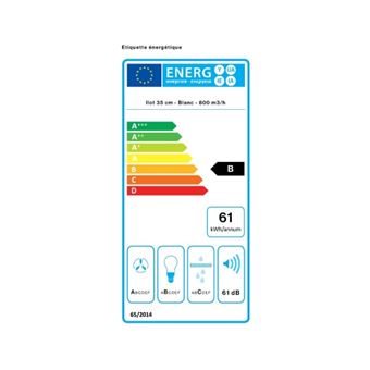 Hotte Ilot FALMEC POLAR2110, 35cm, Commandes Electroniques retro-eclairees, Finition blanche, moteur 4 vitesses, Debit d''air boost = 710m3/h, Puissance acoustique max = 61dB. Eclairage LED. Classe energetique : B