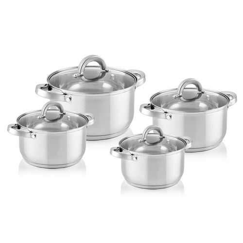 Batterie de Cuisine Induction Acier Inoxydable 4 pcs 4 Couvercles Verre Trempé Florina Claude  Argent