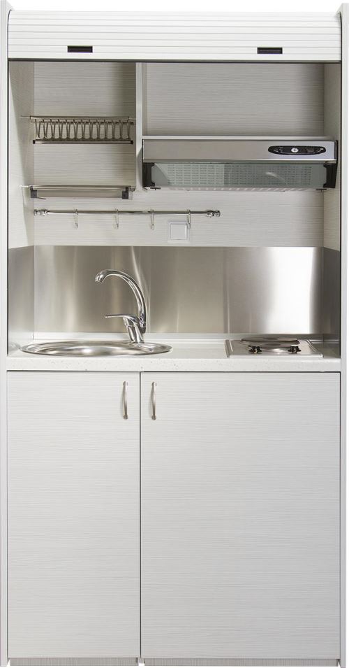 Brandy Best STUDI105-GBL Cuisine compacte blanche tout-en-un 105cm avec volet roulant evier à gauche