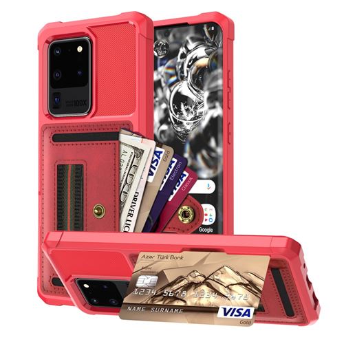 Coque en TPU + PU avec porte-carte et dragonne élastique rouge pour votre Samsung Galaxy S20 Ultra