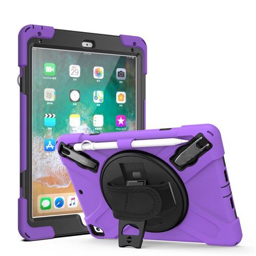 Coque en TPU + Silicone combo avec béquille pivotante à 360° et sangle violet pour Apple iPad 9.7 pouces (2018)