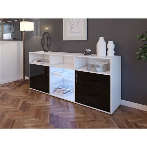 KORA Buffet bas avec LED contemporain noir brillant et blanc mat - L 180 cm
