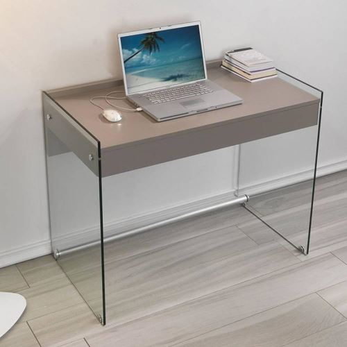 Bureau TOKIO 1 tiroir gris taupe piétement en verre