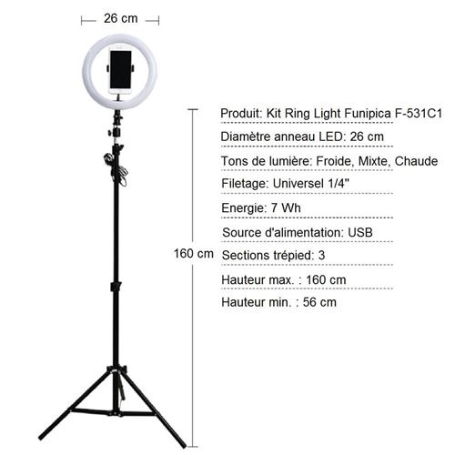 Kit Ring Light Funipica F-531-C1 - Anneau LED 26 cm+Trépied de studio - Ring  Light - Achat & prix