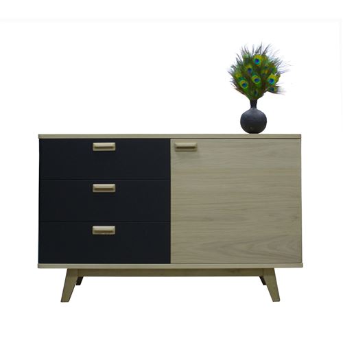 Pirotais Buffet chêne massif et laqué, 3 tiroirs, 1 porte, Made in France Noir mat