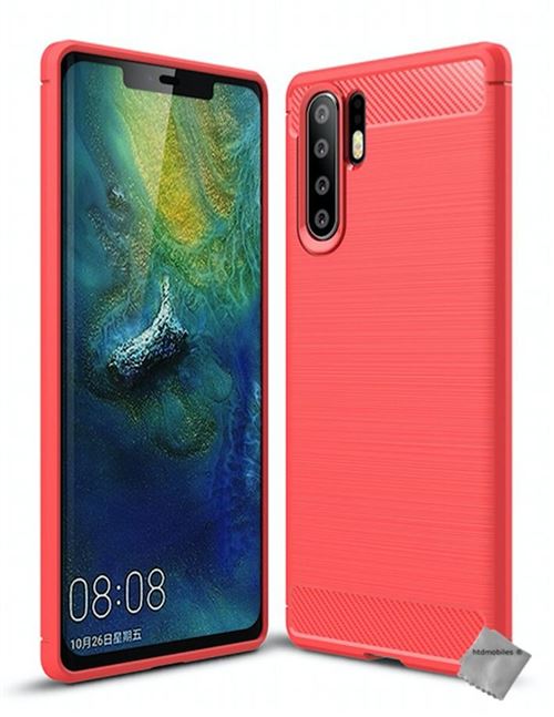 Housse etui coque silicone gel carbone pour Huawei P30 Pro + verre trempe - ROUGE - htdmobiles