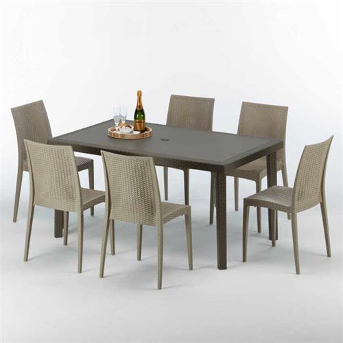 Table rectangulaire 6 chaises Poly rotin resine 150x90 marron Focus, Chaises Modèle: Bistrot Beige Juta