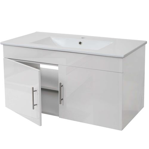 Lavabo + meuble sous évier MENDLER HWC-D16, meuble sous vasque, poli miroir 90cm blanc