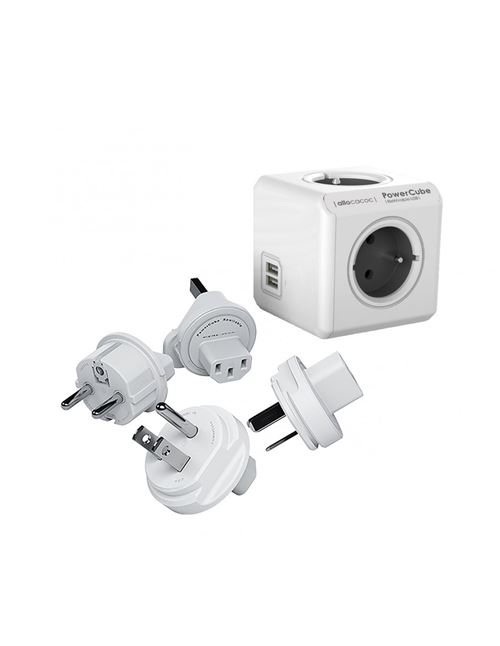 Powercube multiprise avec adaptateur de voyage + 2 ports USB TL-4002 Allocacoc Gris