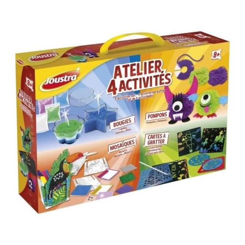 JOUSTRA - Atelier 4 Activités - Un coffret créatif avec des Bougies, Pompons, Mosaiques et Cartes a gratter !