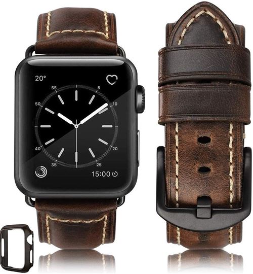 Bracelet en cuir véritable huafiy pour Apple Watch Band Series 6/5/4/3/2/1 couleur marron Pour iWatch 42mm ou 44mm