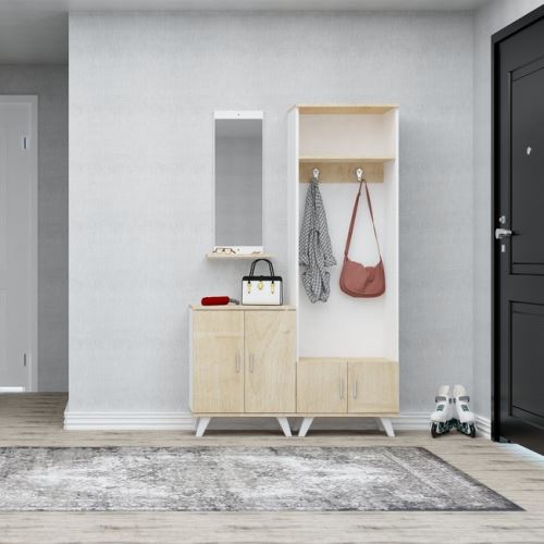 HOMEMANIA Meuble d’Entrée Yakut - Meuble Porte-Manteau, Étagère à Chaussures - avec Miroir, Portes, Étagères, Crochets - Chêne, Blanc en Bois, 60 x 35 x 194 cm