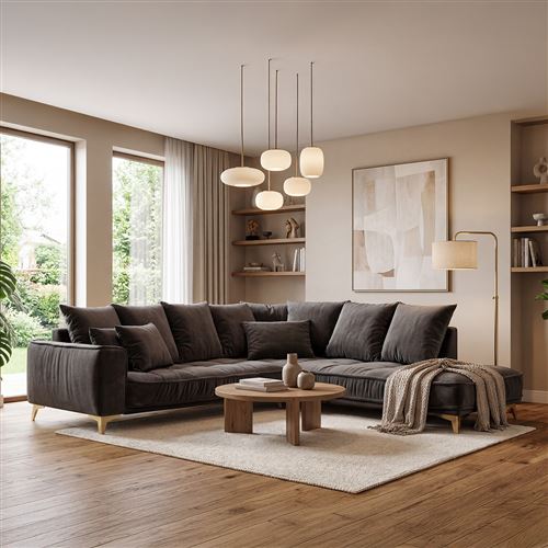 Canap&eacute; Velours Angle Droit Gris Fonc&eacute; Altamo - 4 Places - Gris fonc&eacute;