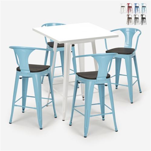 Ensemble 4 Tabourets Tolix Table Haute 60x60cm Métal Blanc Bucket Wood White, Couleur: Turquoise
