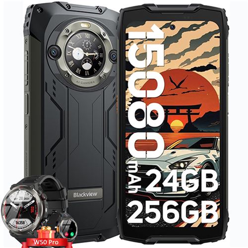 Blackview BV9300 Pro Téléphone Portable Incassable 6.7 24Go+256Go 15080mAh Noir avec Smartwatch Blackview W50 Pro