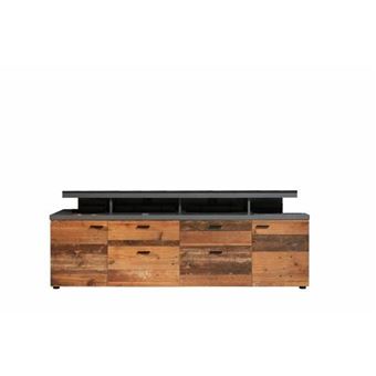 MOOD TV-meubel 2 deuren en 2 lades - Verouderd hout en mat grijze melamine - L 180 x 47 x 66 cm - 1