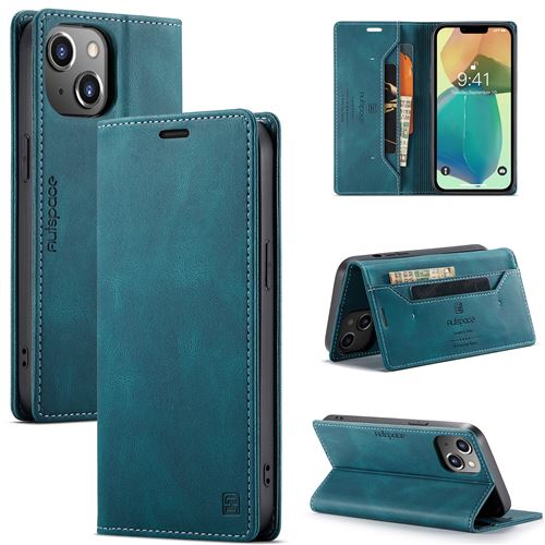 AutSpace Étui en cuir magnétique 2 en 1 porte monnaie étui pour téléphone Pour iPhone 14 - Bleu