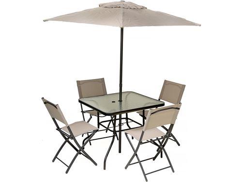 Ensemble de salon de jardin repas avec parasol Vico - 4 places - Beige