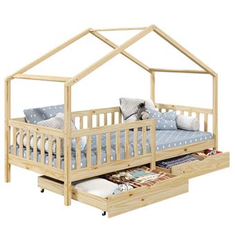 Lit cabane ELEA avec tiroirs, 90 x 200 cm en pin massif naturel - 1