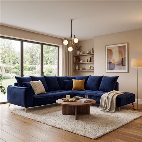 Canap&eacute; Velours Angle Droit Bleu Altamo - 4 Places - Bleu