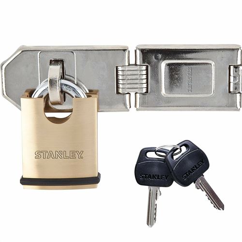 Stanley : Charni&egrave;re de s&eacute;curit&eacute; avec cadenas en laiton Stanley Kwikset