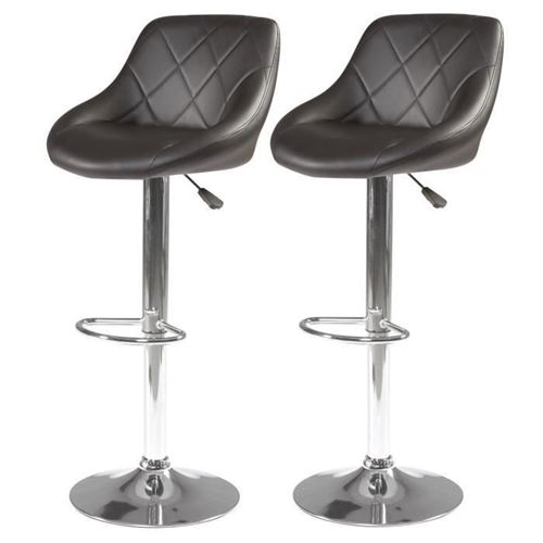 TRIANON Lot de 2 tabourets de bar télescopique en bois pin massif + pieds métal chromé - Simili noir -