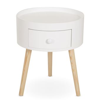 Chevet Table De Nuit Ronde Design Scandinave Tiroir Bicolore Pieds Effiles Inclines Bois Massif Chene Clair Blanc Achat Prix Fnac