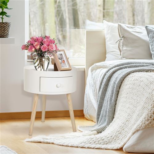 20 Sur Chevet Table De Nuit Ronde Design Scandinave Tiroir Bicolore Pieds Effiles Inclines Bois Massif Chene Clair Blanc Achat Prix Fnac