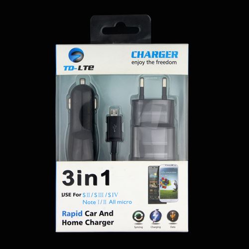 Pack Chargeur pour BLACKBERRY Classic Smartphone Android Micro USB (Cable Chargeur + Prise Secteur + Double Allume Cigare) Unive (NOIR)