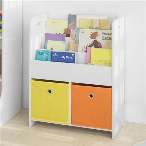Bibliothèque Meuble de Rangement pour Livres et Jouets Étagère pour Enfants avec 3 Compartiments et 2 Paniers Amovibles,SoBuy® KMB27-W