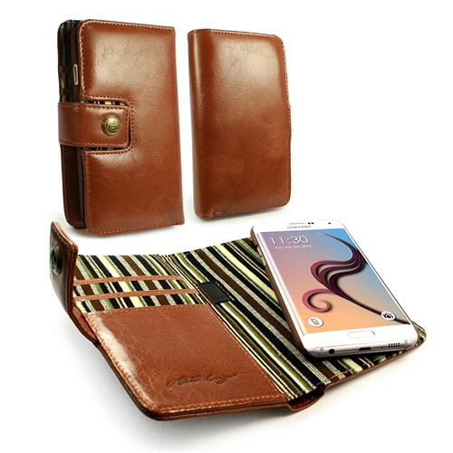 Alston Craig J16_18 Portefeuille Housse Étui en Cuir Véritable Vintage (Technologie d'arrêt RFID) pour Samsung Galaxy S6 Edge - Marron