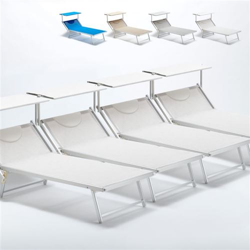 Beach and Garden Design - 4 Bain de soleil transat taille maxi professionnels aluminium lits de plage GRANDE Italia Extralarge, Couleur: Blanc