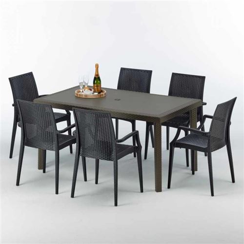 Grand Soleil - Table rectangulaire 6 chaises Poly rotin resine 150x90 marron Focus, Chaises Modèle: Bistrot Arm Anthracite noir