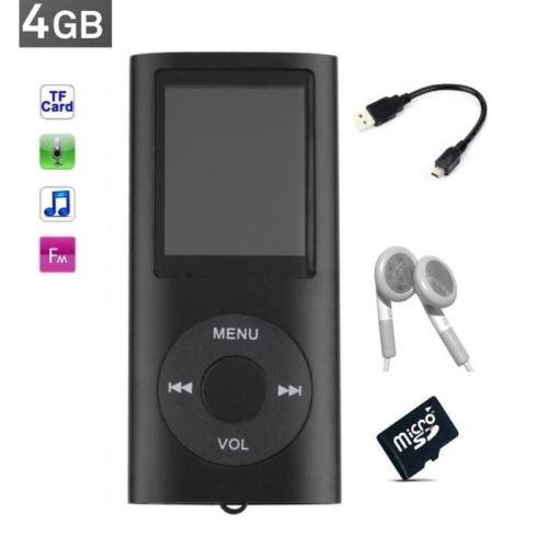 Lecteur MP3 MP4 - radio fm - à carte mémoire Micro sd - Noir + carte 4 Go