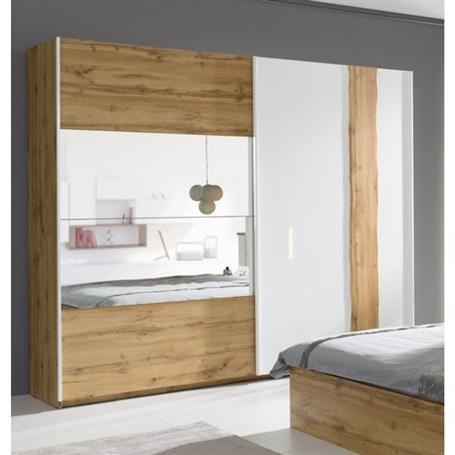 374 50 Sur Armoire Garde Robe Wood Deux Portes Coulissantes 250 Cm Coloris Chene Et Blanc Brillant Meuble Pour Chambre A Coucher Achat Prix Fnac