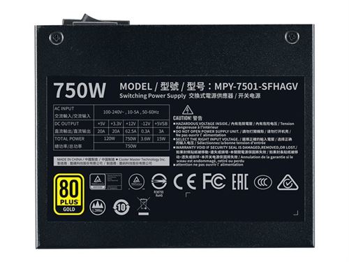 Cooler Master V Series V750 SFX - Alimentation électrique (interne) - EPS12V / SFX12V 3.42 - 80 PLUS Gold - CA 100-240 V - 750 Watt - PFC active - Europe