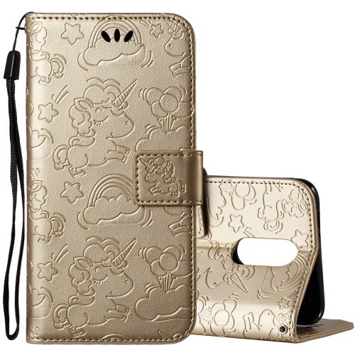 LG K8 (2017) Housse Etui Cuir PU Gravé Licorne Mignonne Doré ALS54227