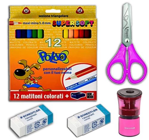 PACK PETITES FOURNITURES:crayon de couleurs+taille crayon+2 gommes+ciseaux